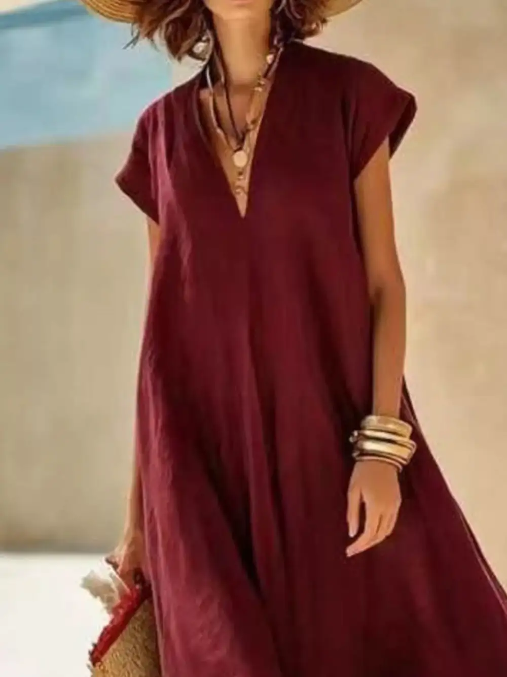 Color Block Hem V Neck Maxi Dress