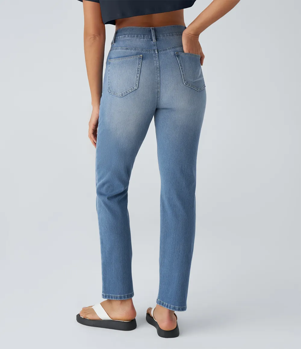 Magic High Waisted Multiple Pockets Straight Leg Washed Stretchy Knit Casual Jeans