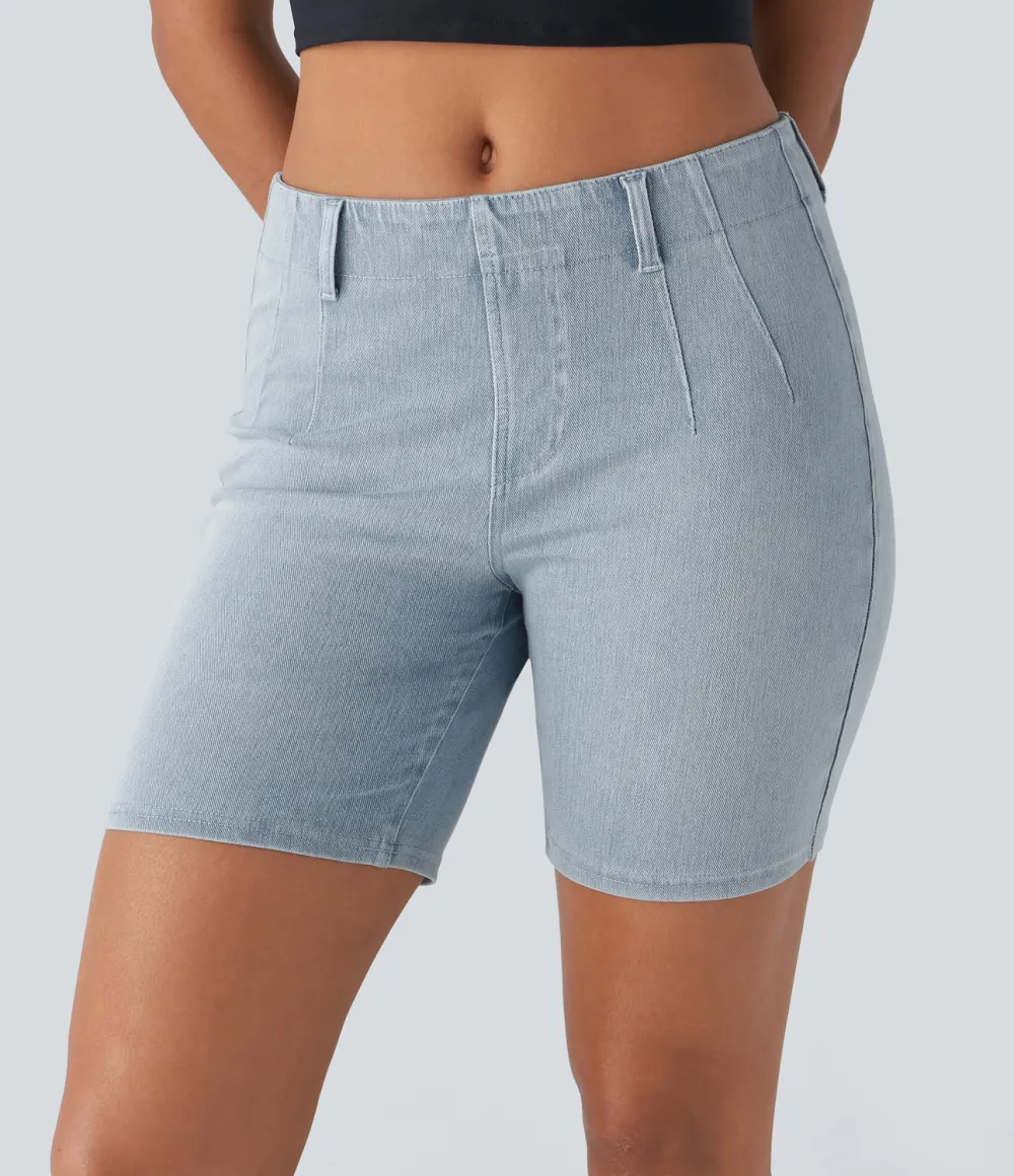 Magic Mid Rise Back Pockets Skinny Cool Touch Washed Stretchy Knit Denim Casual Shorts