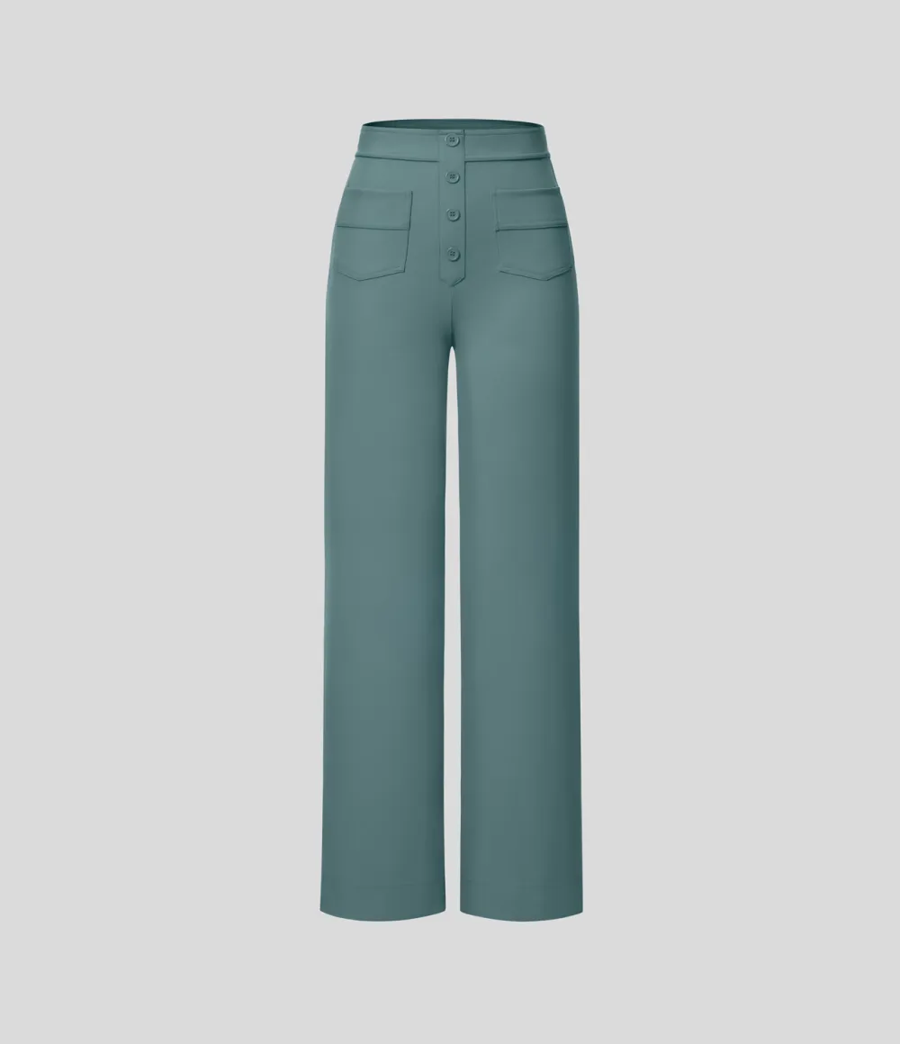High Waisted Button Multiple Pockets Straight Leg Casual Pants