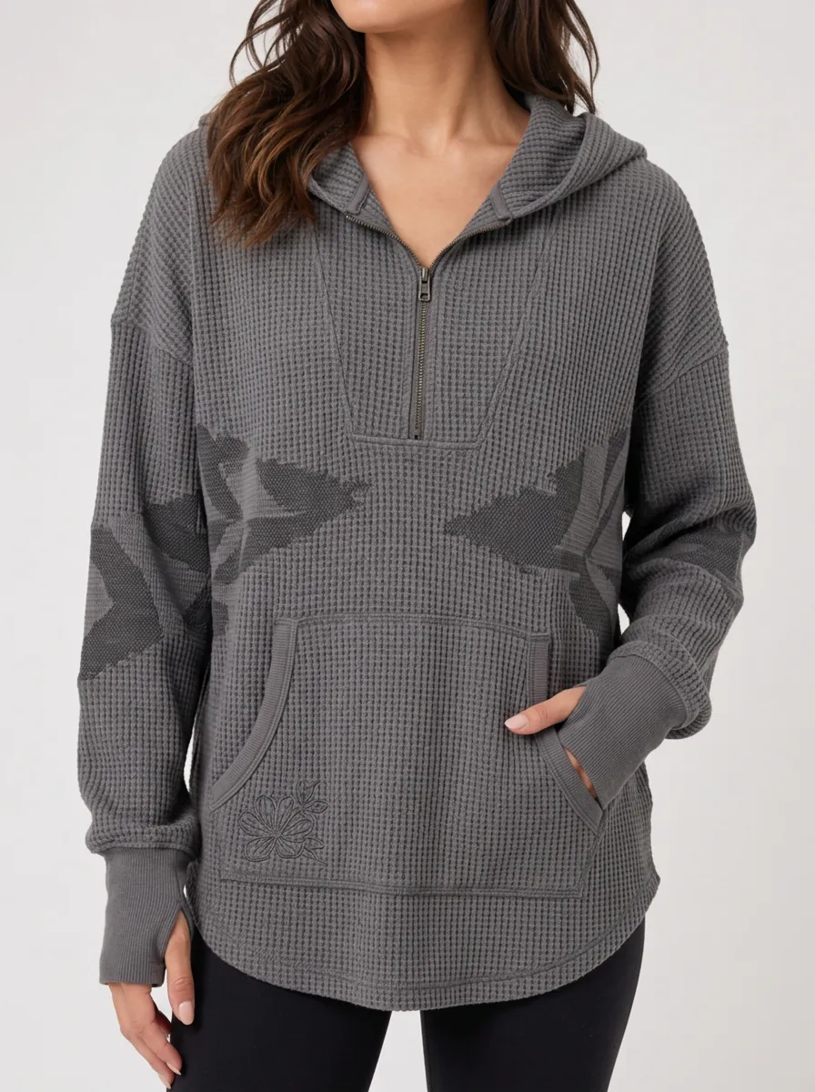 Women's Floral Pattern Waffle Knit Quarter Zip Hooded Top