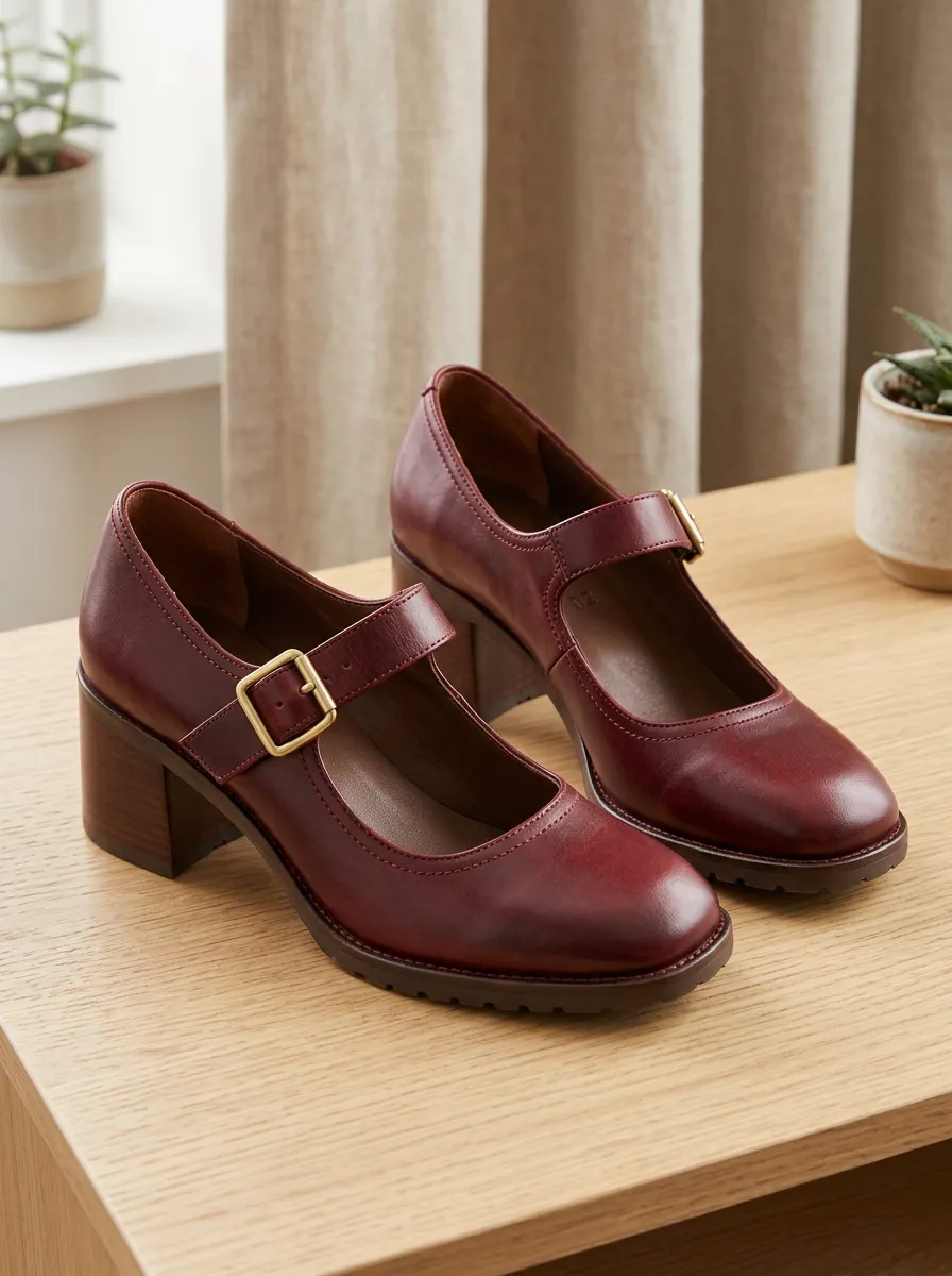 Women's Vintage Style Leather Mary Jane Block Heels