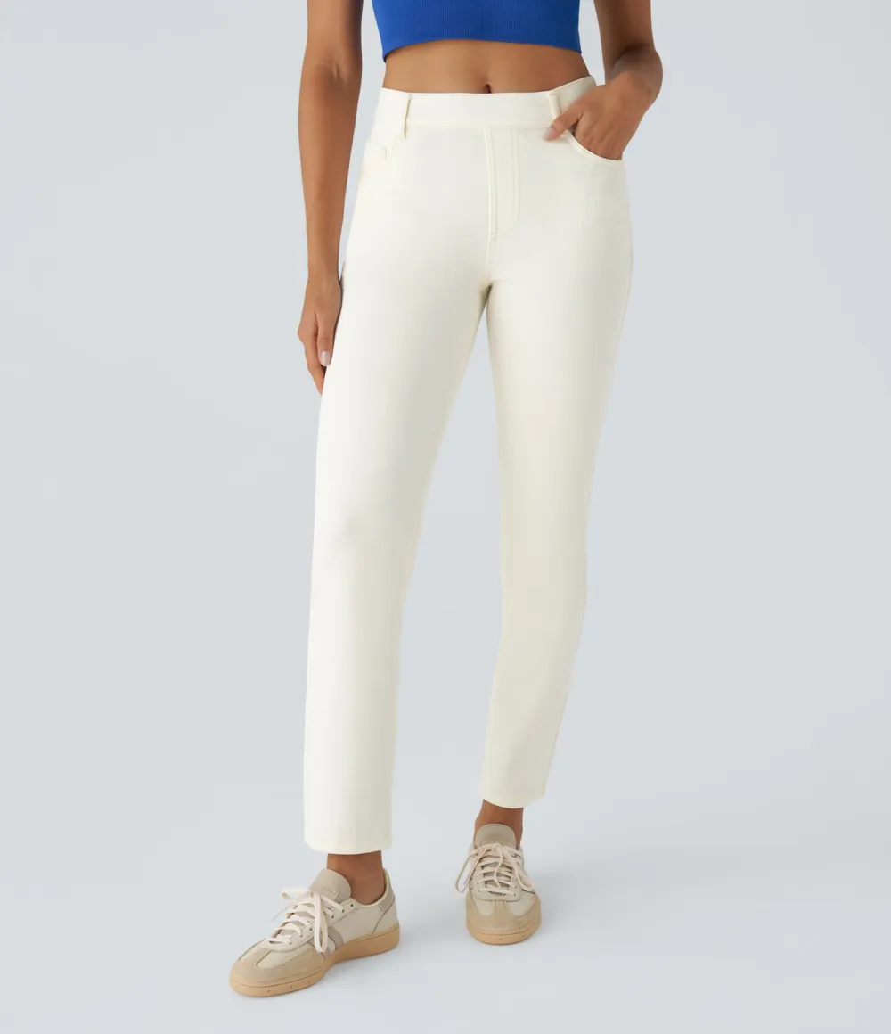 Magic High Waisted Multiple Pockets Straight Leg Washed Stretchy Knit Casual Jeans