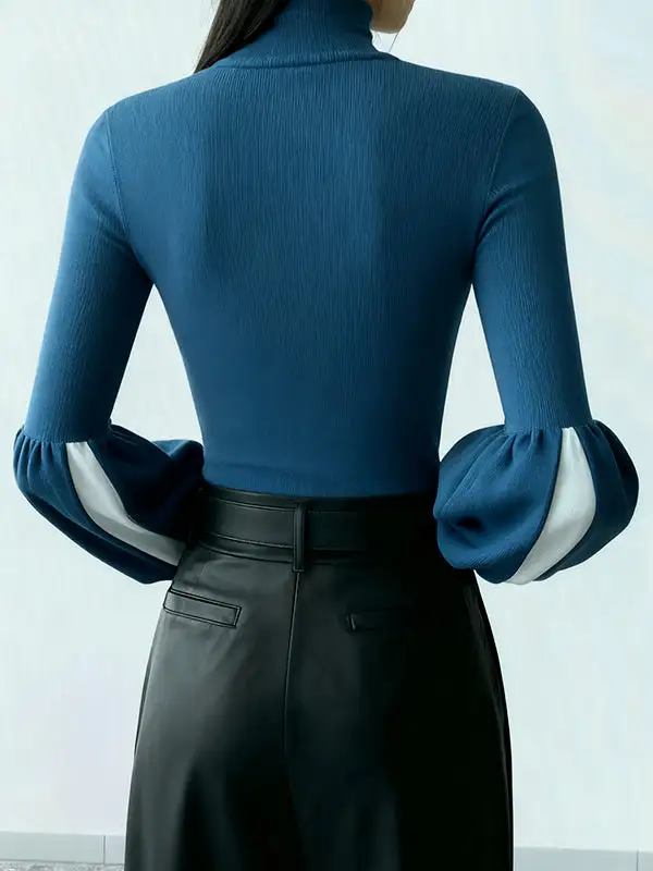 High Neck Puff Sleeve Long Sleeve Pullover Sweater