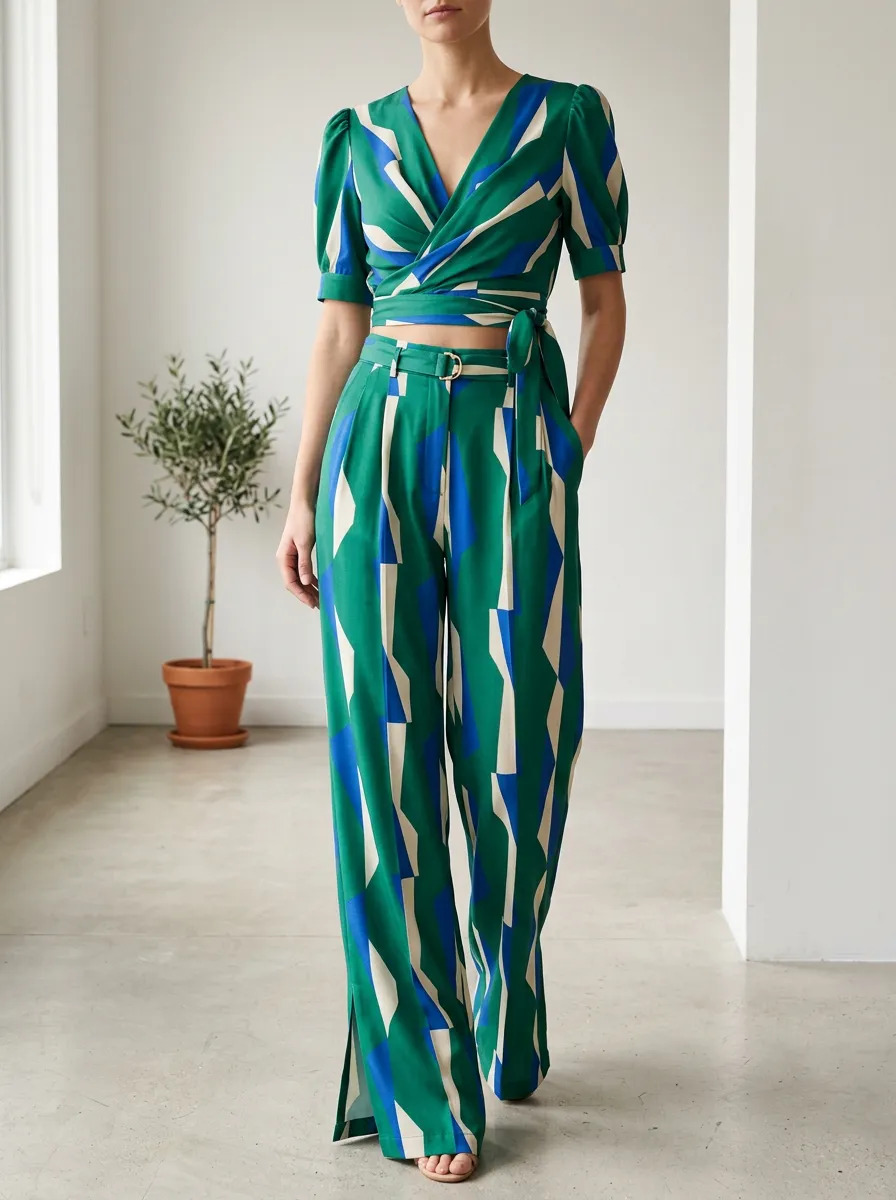 Women's Geometric Pattern V-Neck Patterned Crop Wide Leg Pants Set