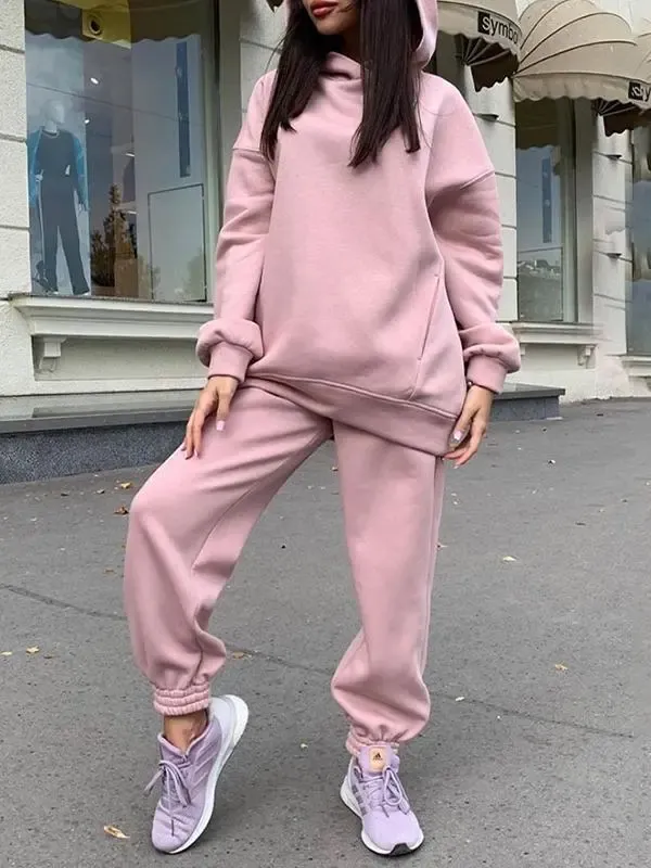 Solid Color Hooded Sweatshirt Casual Two Piece Set