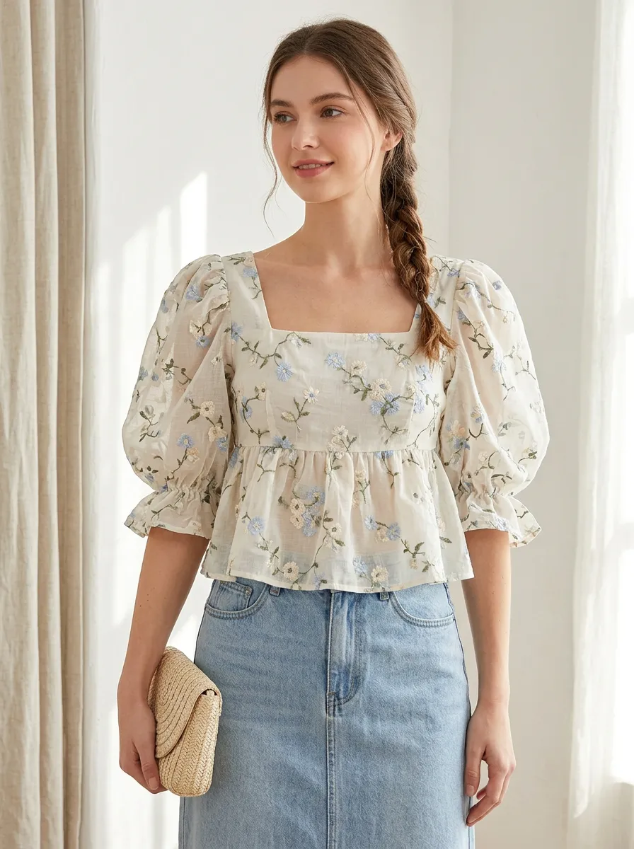 Embroidered Floral Peplum Women's Puff-Sleeve Blouse