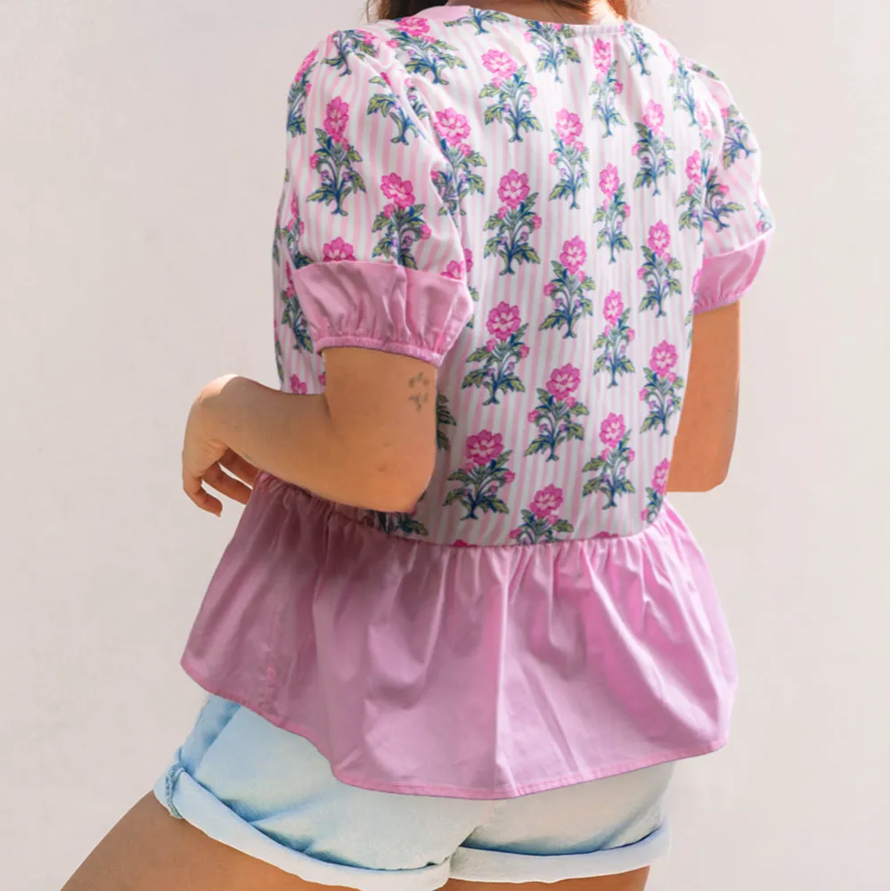 Everyday Striped Floral Ruffled Blouse