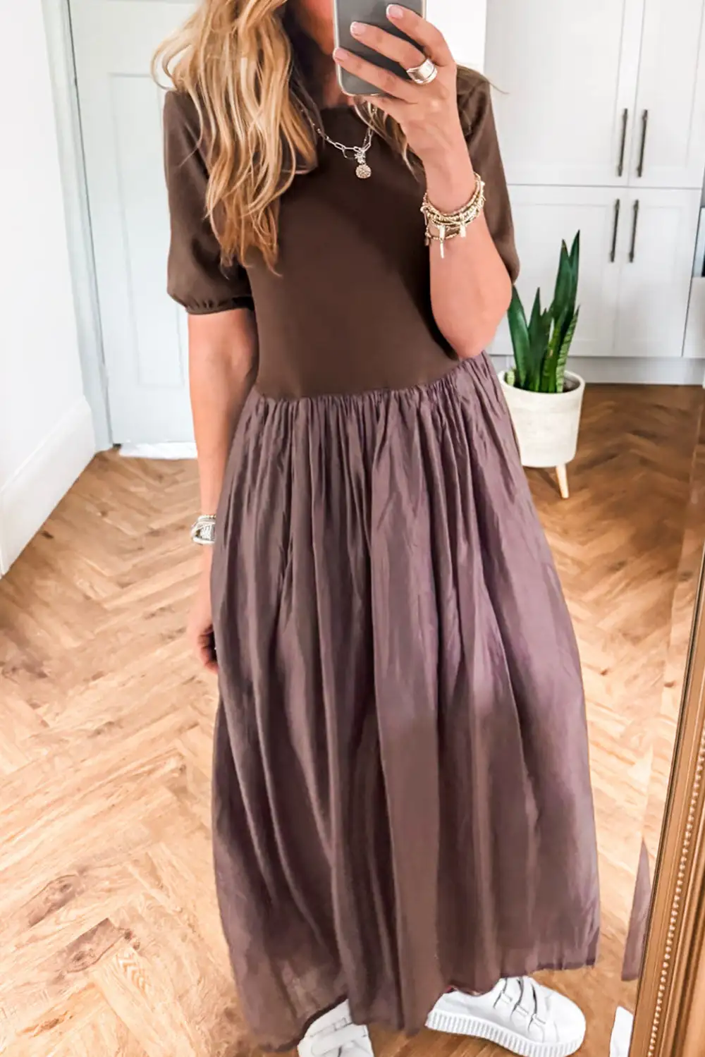 Short Sleeve Knit Top Patchwork Pleated Long Dress
