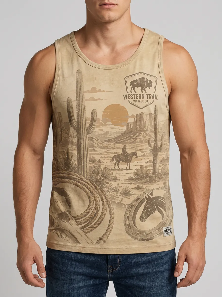 Men's Crew Neck Western Graphic Print Tank Top