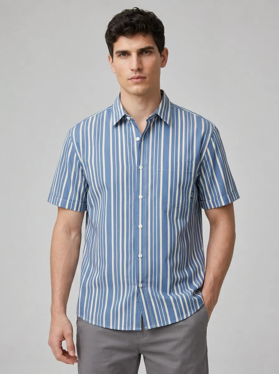 Men's Blue and White Vertical Stripe Short Sleeve Shirt