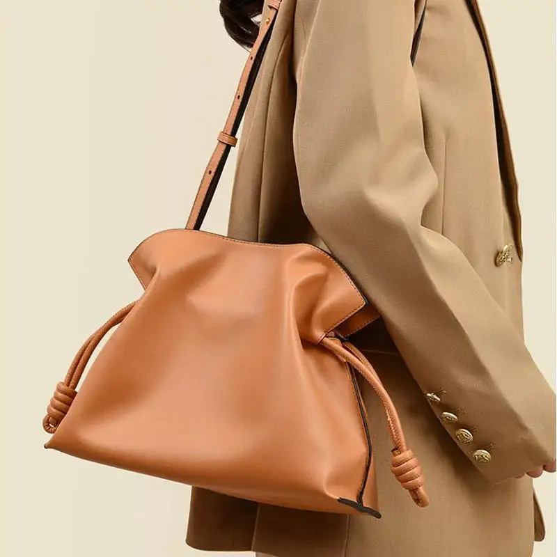 Minimalist Camel Leather Drawstring Shoulder Bag