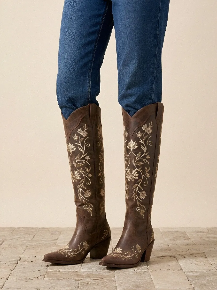 Women's Dark Brown Distressed Floral Embroidered Western Over-the-Knee Boots