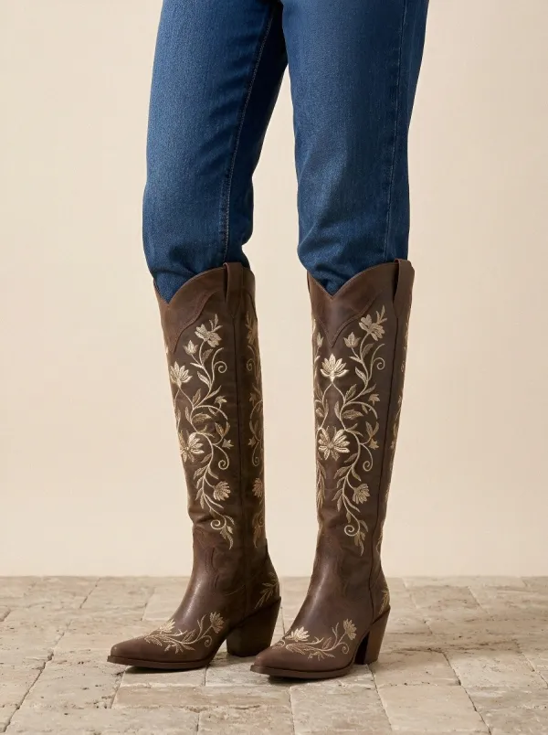 Women's Dark Brown Distressed Floral Embroidered Western Over-the-Knee Boots