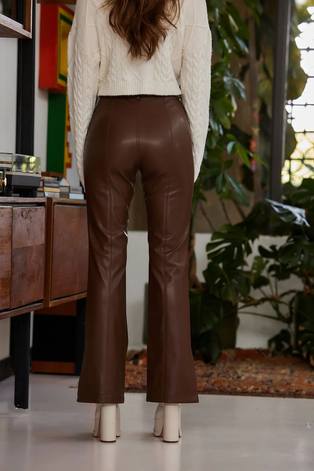 Brown Vegan Leather Flare Pants