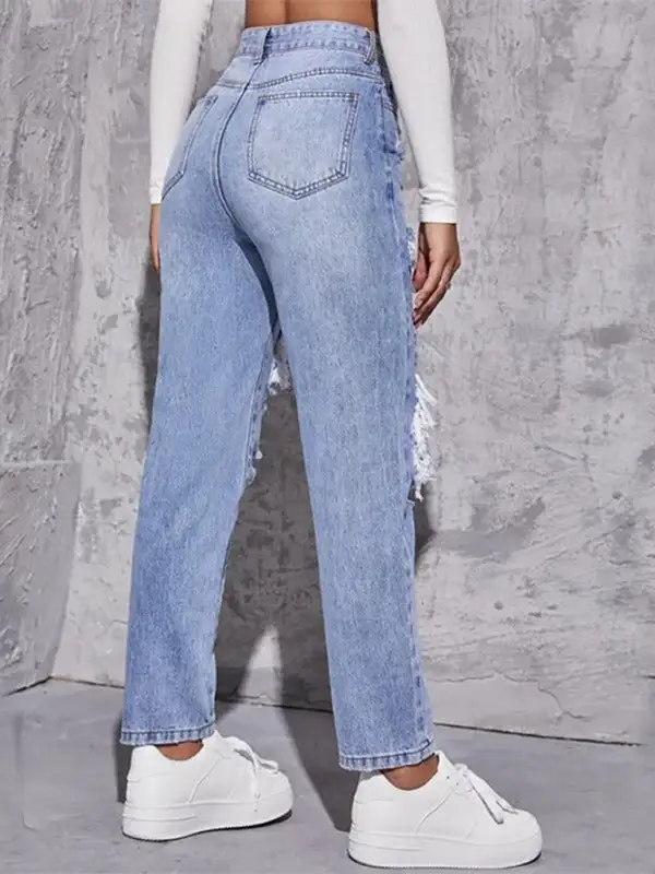 Washed Ripped High Waist Straight Trousers Pants