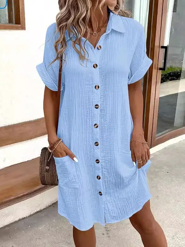 Relaxed Short Sleeve Pleated Split Joint Lapel Mini Dress Shirt Dress