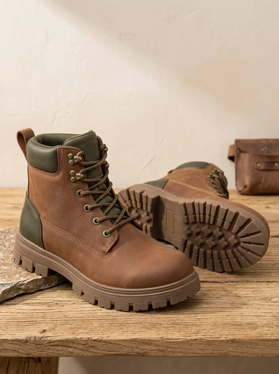 Unisex Brown Green Two-Tone Waterproof Work Boots