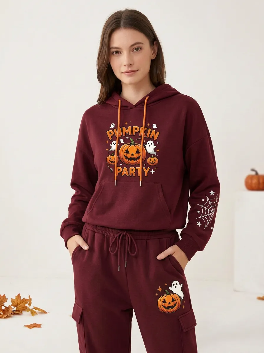 Women's Halloween Pumpkin Party Ghost Printed Tracksuit