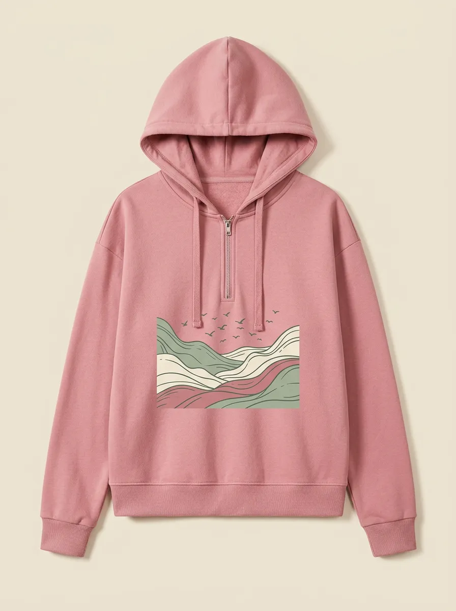 Women's Hooded Drawstring Graphic Rib-Trim Hoodie