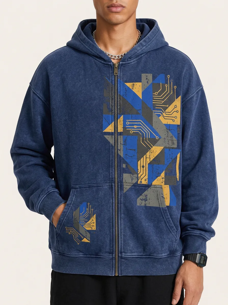 Men's Tech Geek Circuit Board Geometric Printed Zip Up Hoodie
