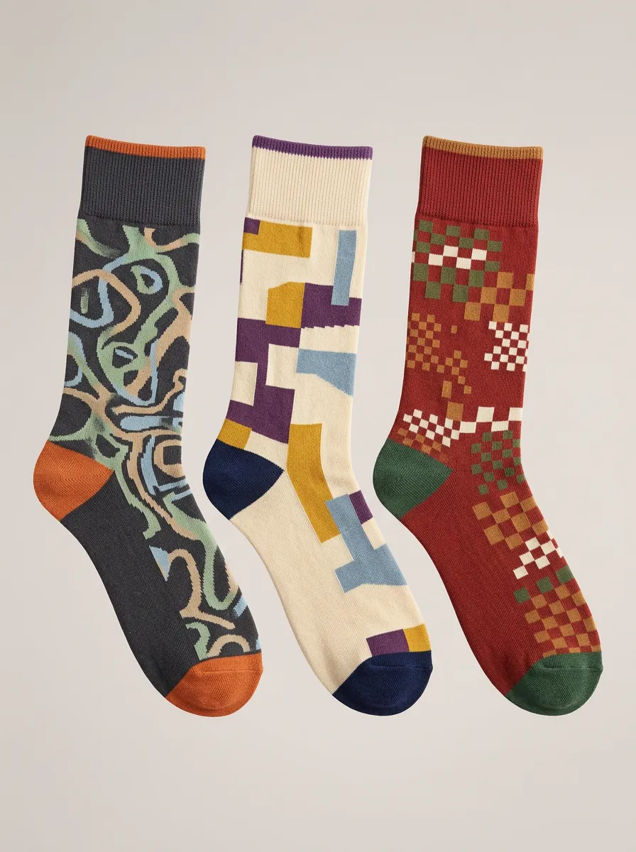 Men's Abstract Geometric Pattern Three-Pack Crew Cuffs Socks