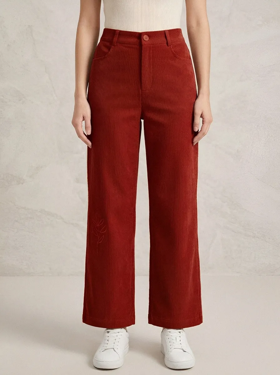 Women's Minimalist Botanical Line Art Printed Corduroy Pants