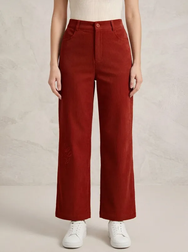 Women's Minimalist Botanical Line Art Printed Corduroy Pants
