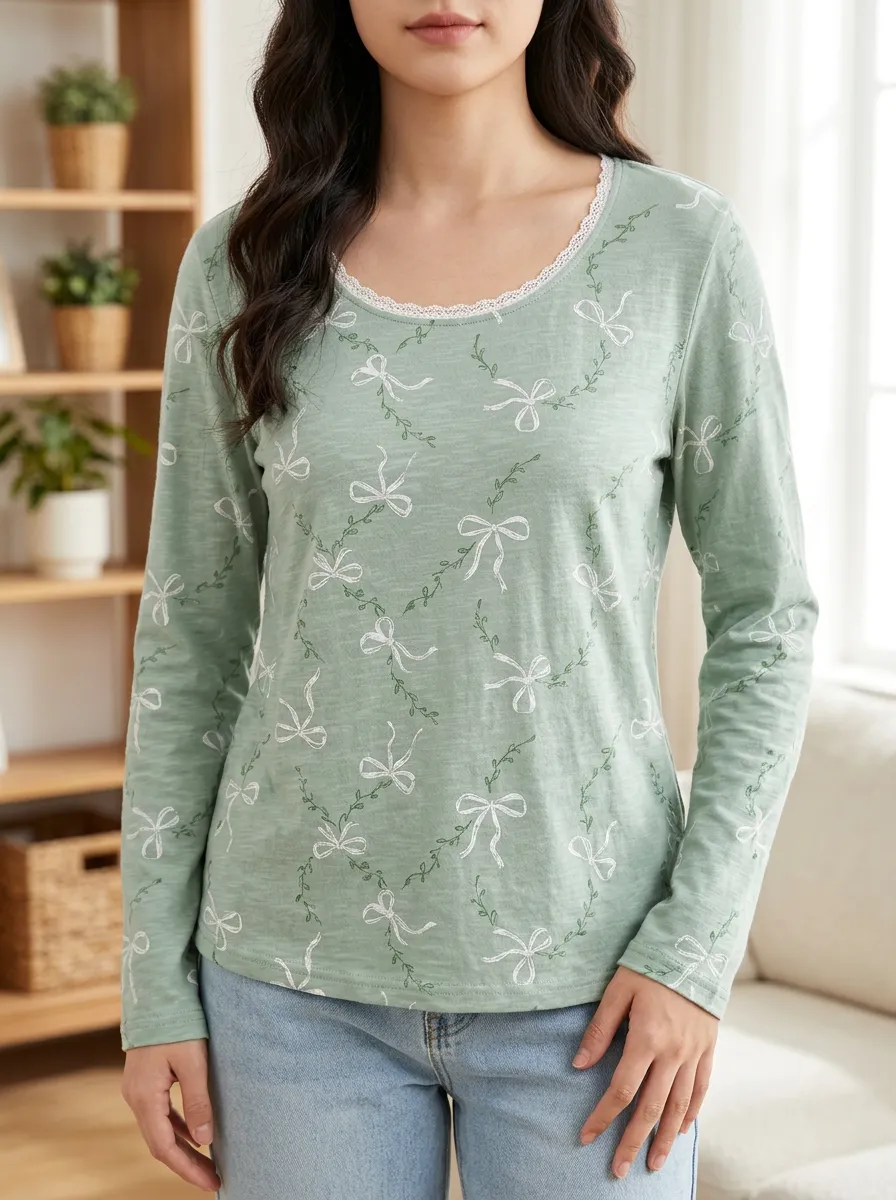 Women's Sweet Style Sage Green Bowknot Vine Printed Long Sleeve T-shirt