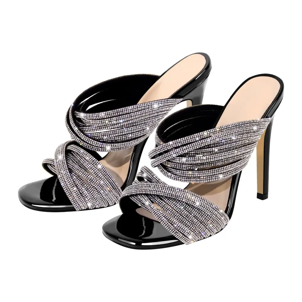 Rhinestone Round Toe Stiletto Mule Sandals