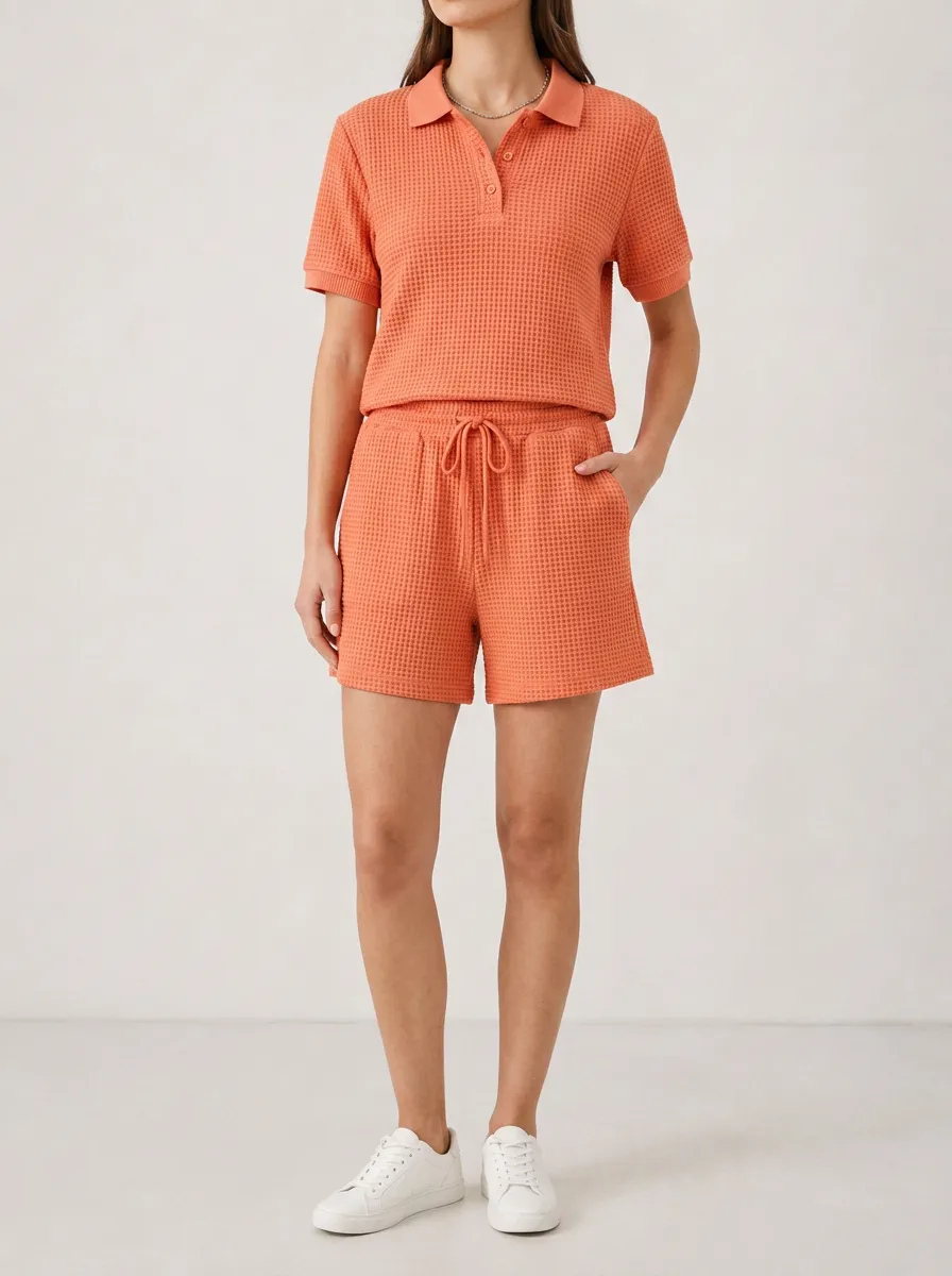 Unisex Casual Waffle Knit Orange Polo Shirt