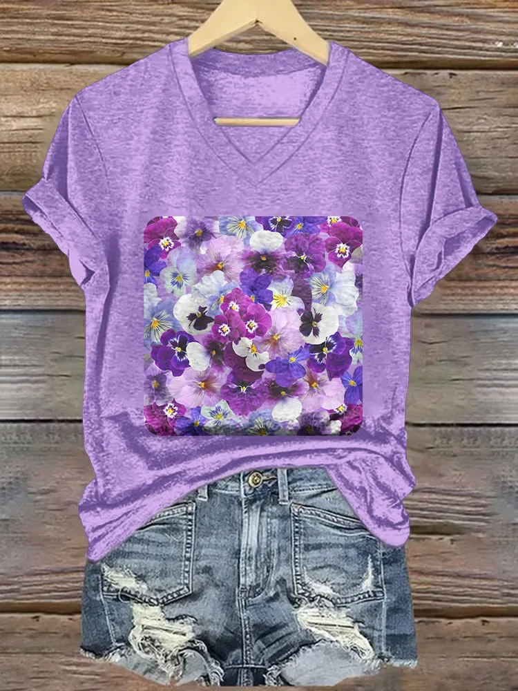 Women's Printed Alzheimer's Awareness V-Neck Short-Sleeved T-Shirt
