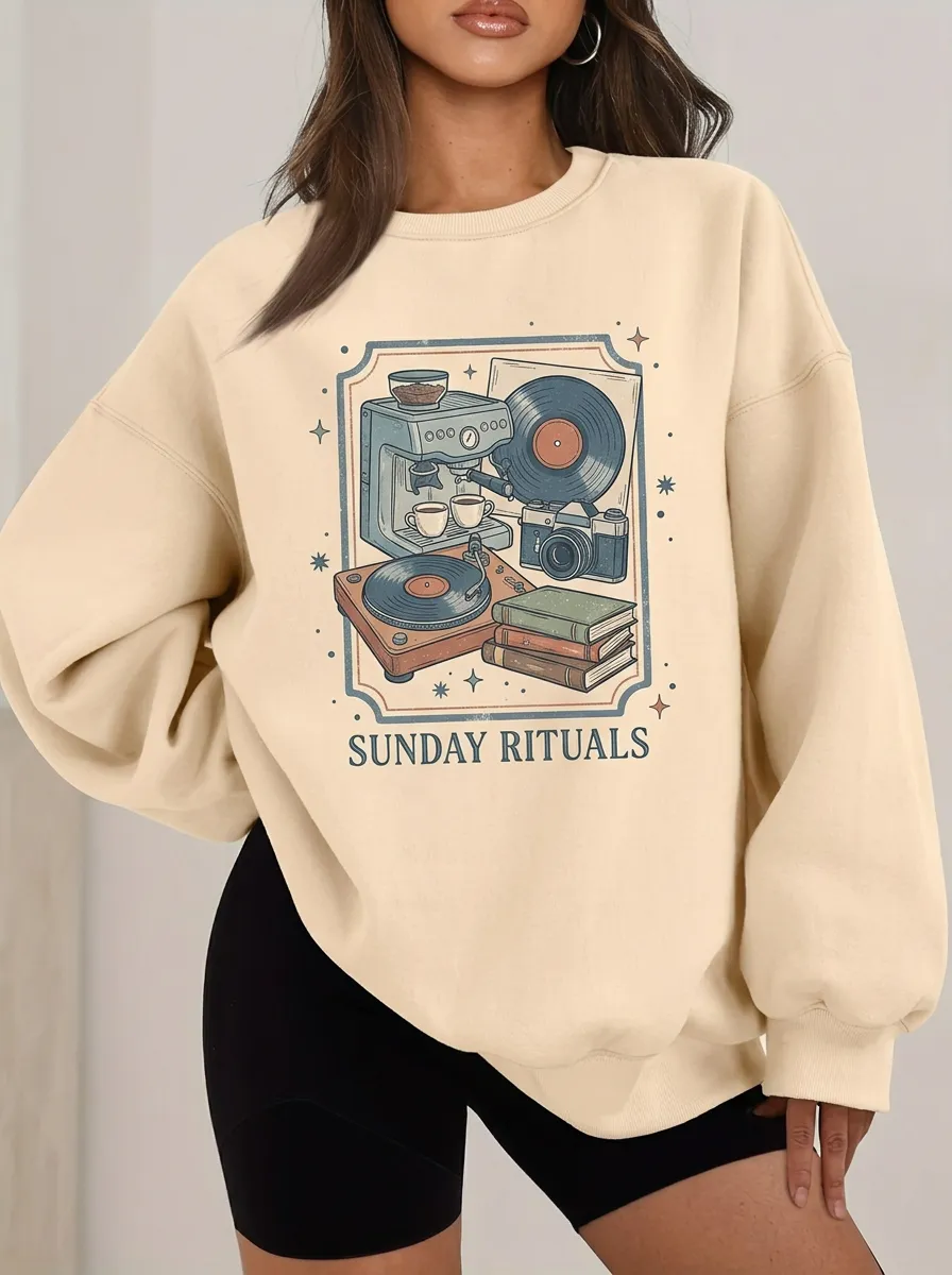 Women's Sunday Rituals Coffee Vinyl Camera Books Printed Sweatshirt