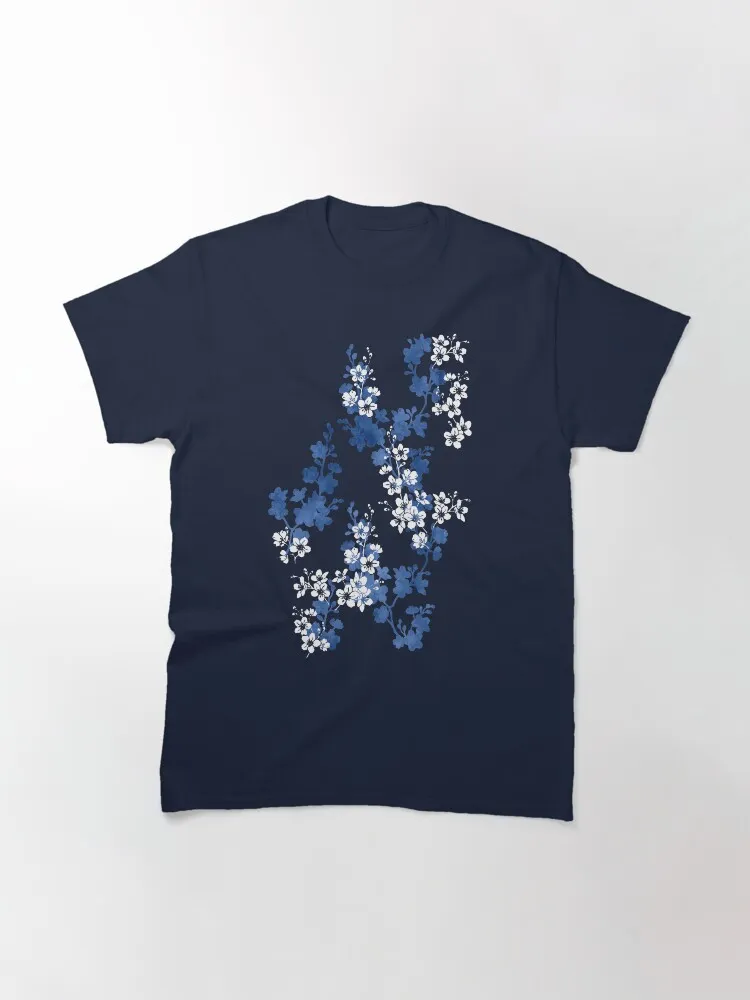 Women's Blue Floral Pattern Print Short-Sleeve Crew Neck T-Shirt