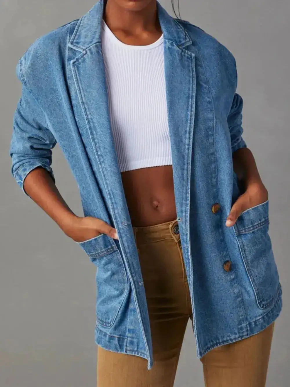 Denim Button Front Lapel Collar Pocketed Casual Jacket
