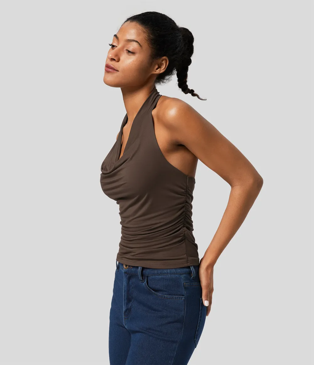 Halter Cowl Neck Backless Ruched Casual Tank Top
