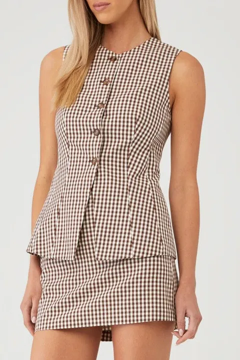 Brown Gingham Button-Front Vest Set