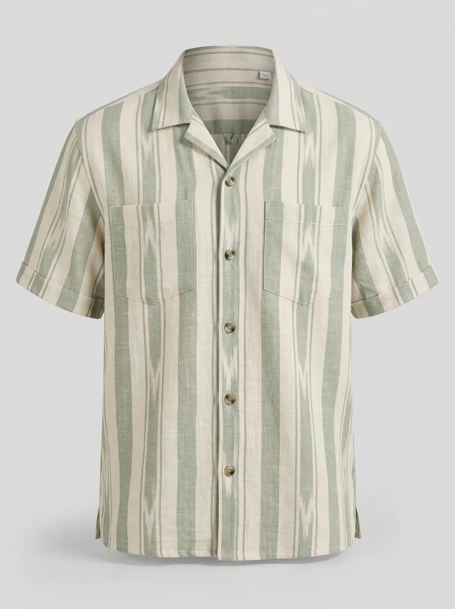 Men's Casual Summer Green Striped Ikat Printed Short Sleeve Shirt