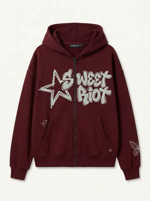 Unisex Streetwear Sweet Riot Star Butterfly Printed Zip-up Hoodie
