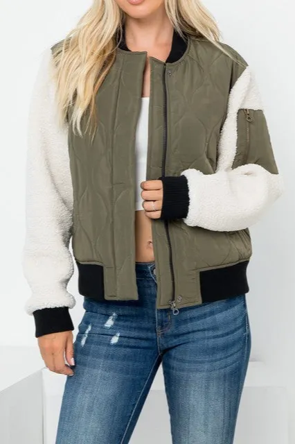 Bomber Jacket With Sherpa Sleeves