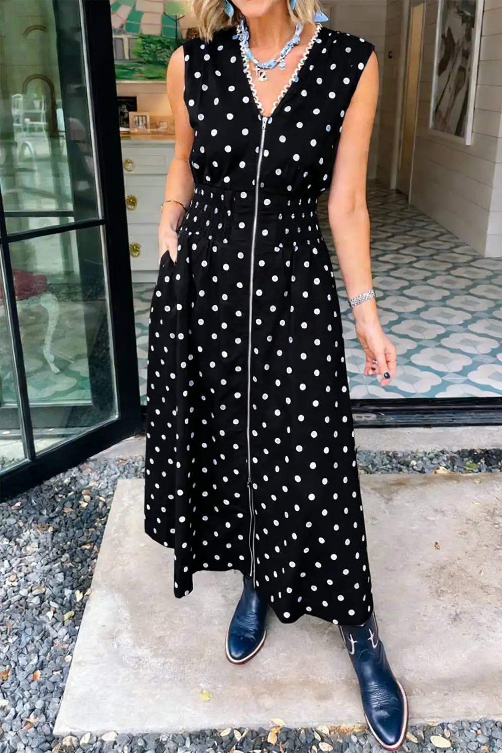 Maxi Polka Dot Print Contrast Trim V Neck Zip Everyday