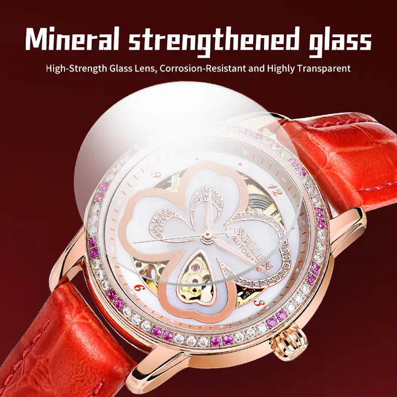 Sollen SL405 Women's Four-Leaf Clover Skeleton Automatic Watch - 35mm Crystal Bezel Mother of Pearl Dial Leather Strap Wristwatch