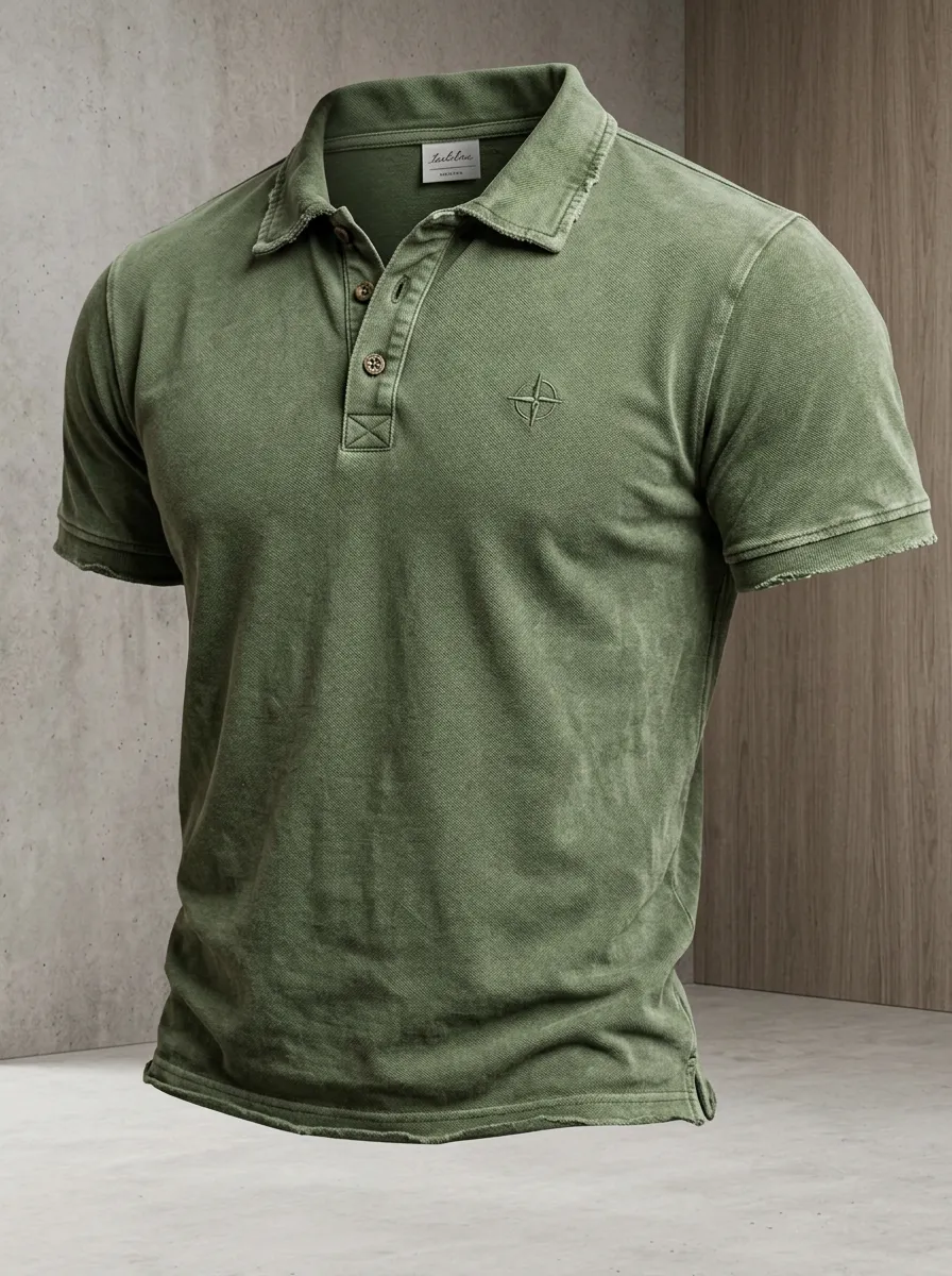 Compass-Detail Embroidered-Detail Vintage-Inspired Men's Polo Shirt