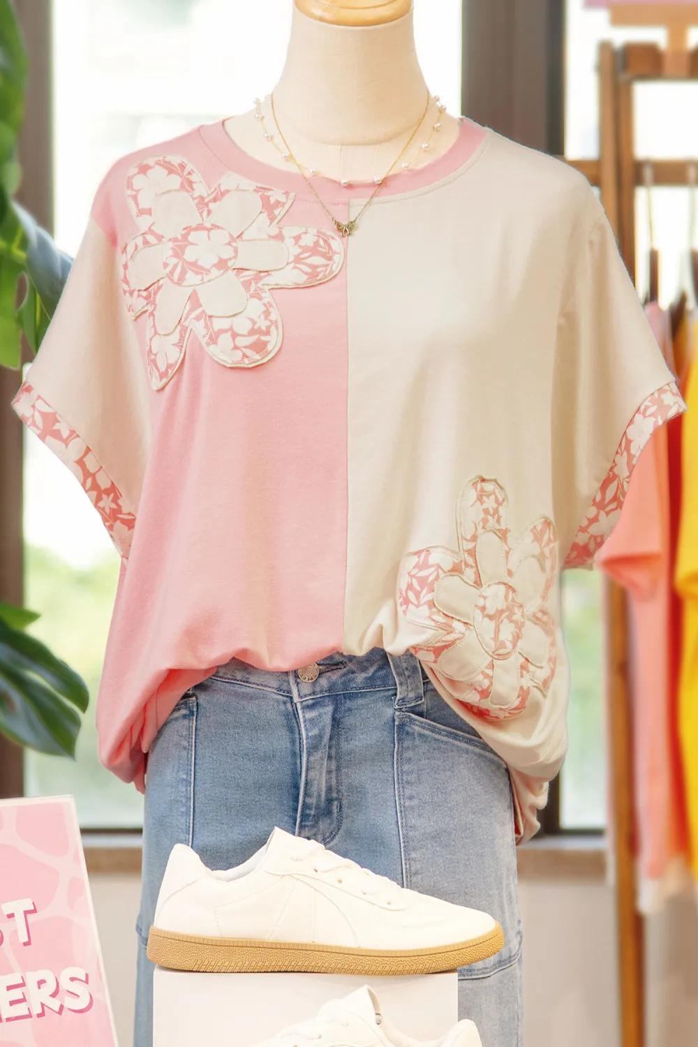 Apricot Block Flower Patched Loose Tee