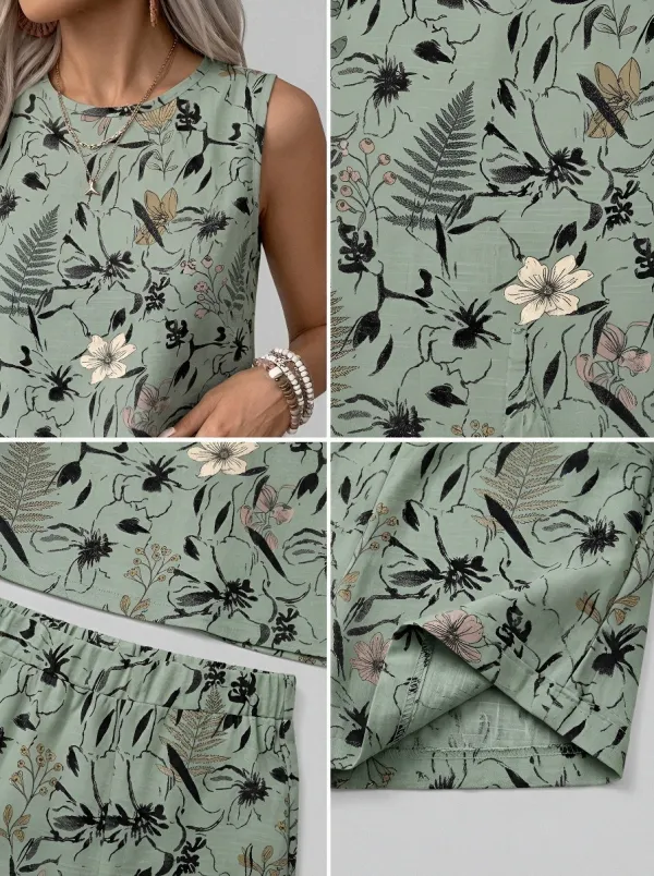 Women's Botanical Floral Fern Printed Sleeveless Shorts Set