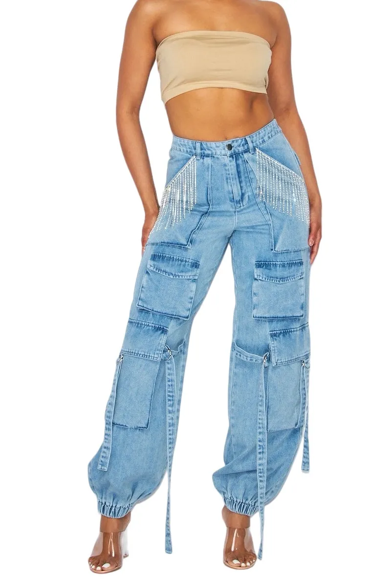Women's Jogger Rhinestone Denim Cargo Pants