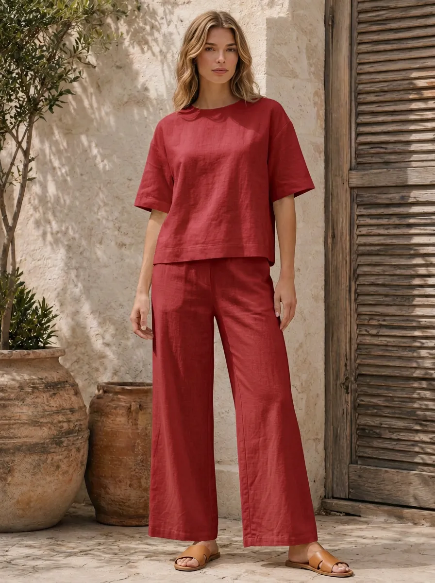 Women's Boxy Elbow-Sleeve Crewneck Top And Wide-Leg Trouser Two-Piece Set