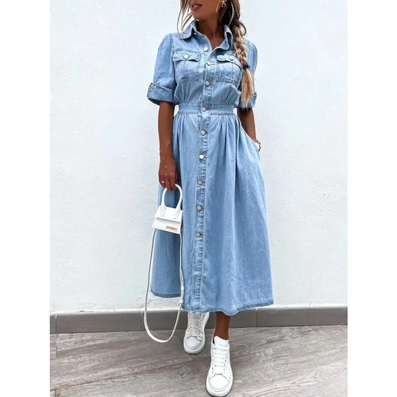 Plus Size Button-Down Roll-Up Sleeve Denim Shirt Dress