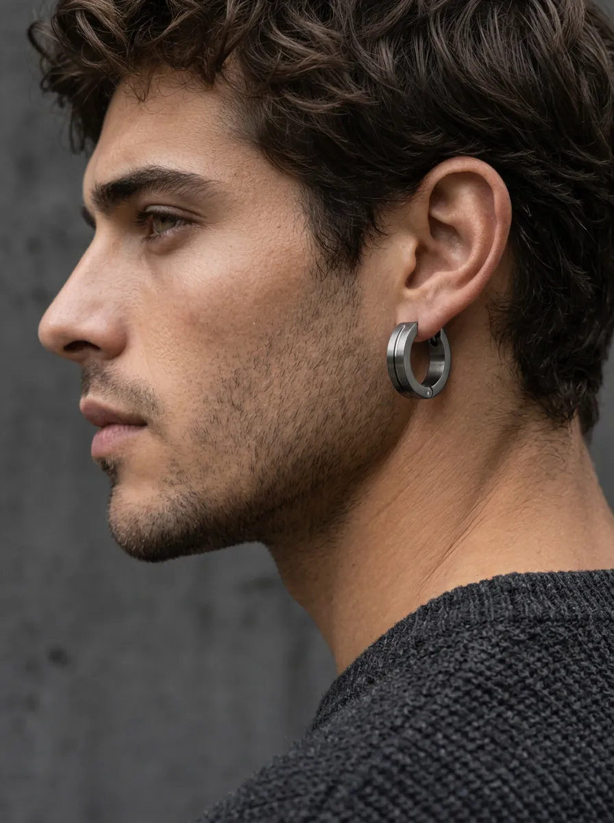 Men's Refined Stainless Steel Brushed Hoop Earrings