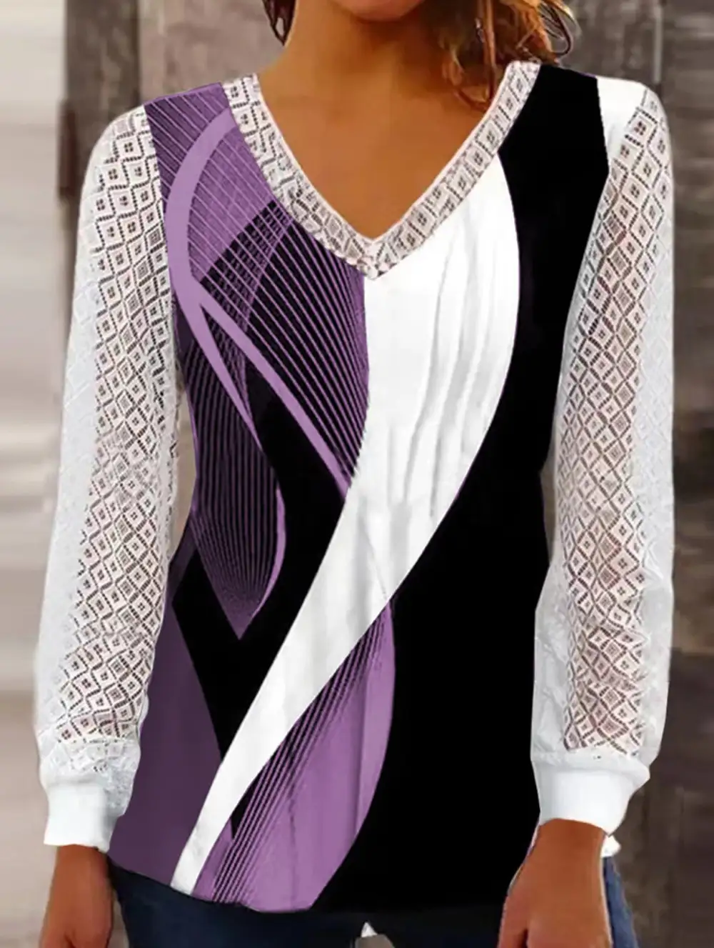 V-Neck Loose Printed Hollow Lace Top